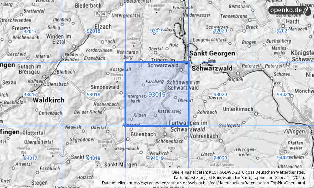 Übersichtskarte KOSTRA-DWD-2010R Rasterfeld Nr. 93019 mit angrenzenden Feldern