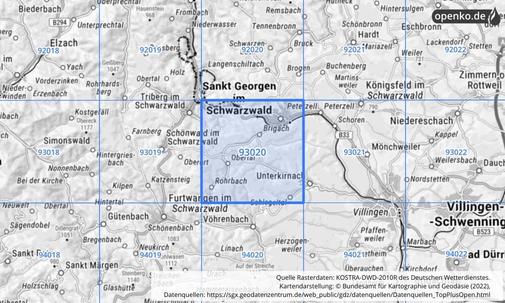 Übersichtskarte KOSTRA-DWD-2010R Rasterfeld Nr. 93020 mit angrenzenden Feldern