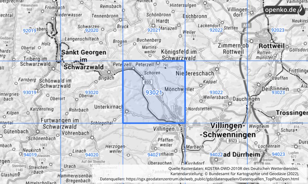 Übersichtskarte KOSTRA-DWD-2010R Rasterfeld Nr. 93021 mit angrenzenden Feldern