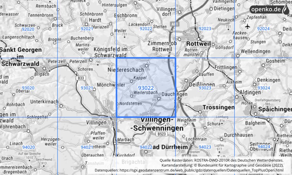 Übersichtskarte KOSTRA-DWD-2010R Rasterfeld Nr. 93022 mit angrenzenden Feldern