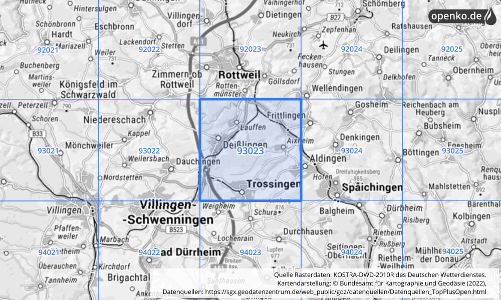 Übersichtskarte KOSTRA-DWD-2010R Rasterfeld Nr. 93023 mit angrenzenden Feldern