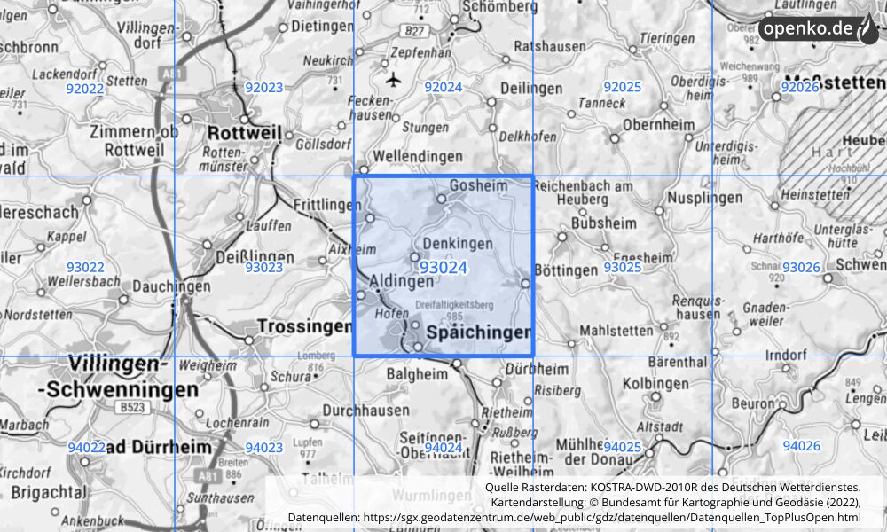 Übersichtskarte KOSTRA-DWD-2010R Rasterfeld Nr. 93024 mit angrenzenden Feldern