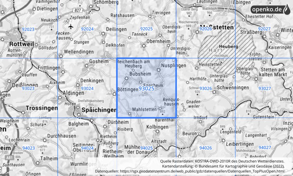 Übersichtskarte KOSTRA-DWD-2010R Rasterfeld Nr. 93025 mit angrenzenden Feldern