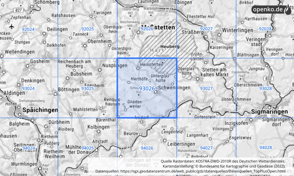 Übersichtskarte KOSTRA-DWD-2010R Rasterfeld Nr. 93026 mit angrenzenden Feldern