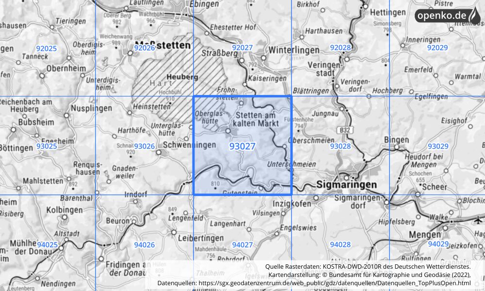 Übersichtskarte KOSTRA-DWD-2010R Rasterfeld Nr. 93027 mit angrenzenden Feldern