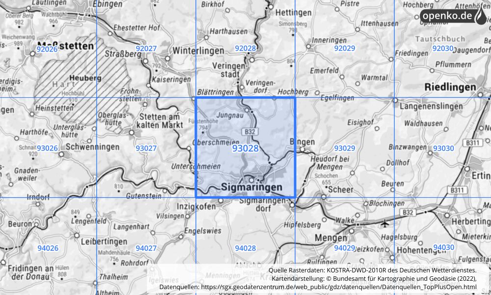 Übersichtskarte KOSTRA-DWD-2010R Rasterfeld Nr. 93028 mit angrenzenden Feldern