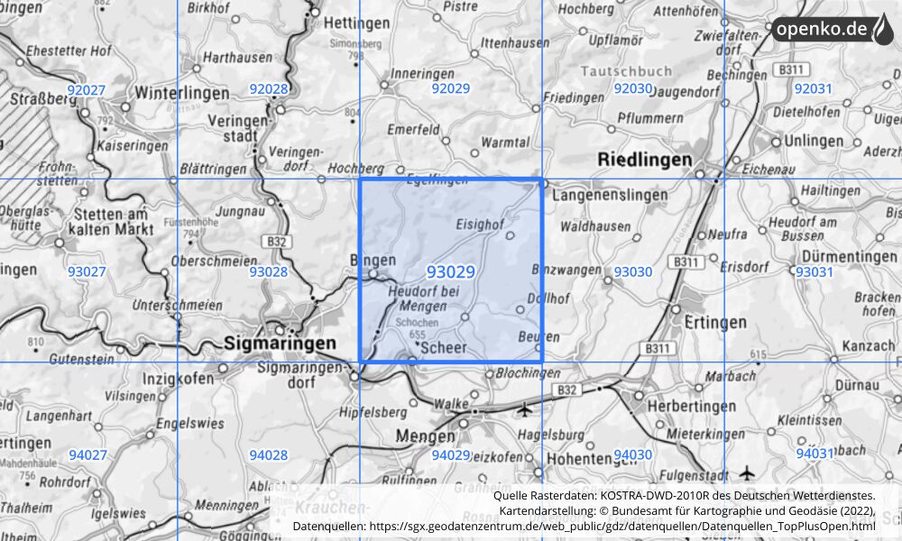 Übersichtskarte KOSTRA-DWD-2010R Rasterfeld Nr. 93029 mit angrenzenden Feldern