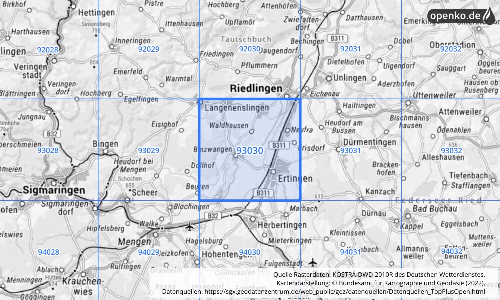 Übersichtskarte KOSTRA-DWD-2010R Rasterfeld Nr. 93030 mit angrenzenden Feldern