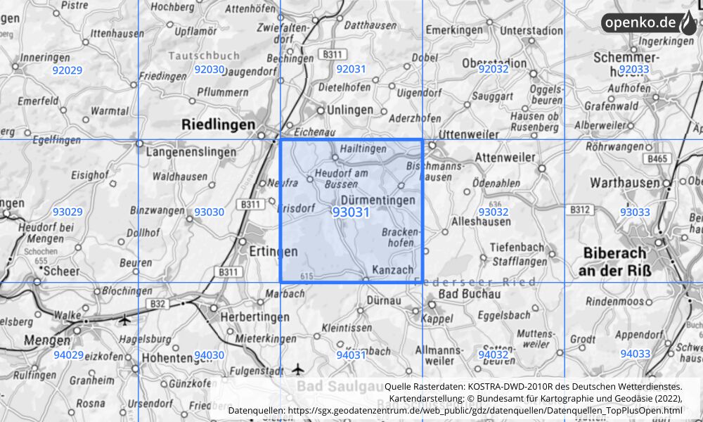 Übersichtskarte KOSTRA-DWD-2010R Rasterfeld Nr. 93031 mit angrenzenden Feldern