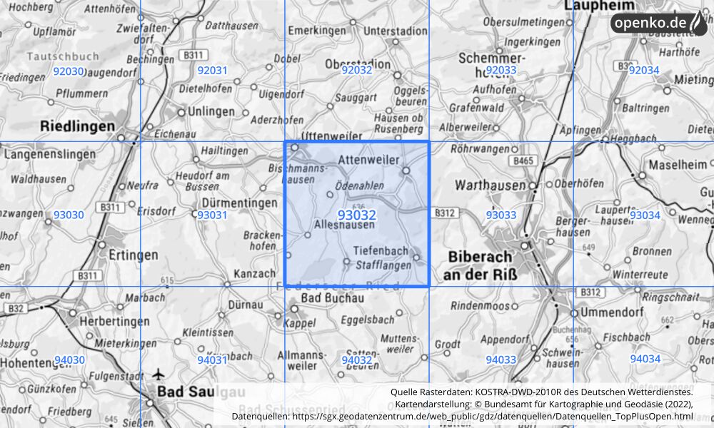 Übersichtskarte KOSTRA-DWD-2010R Rasterfeld Nr. 93032 mit angrenzenden Feldern