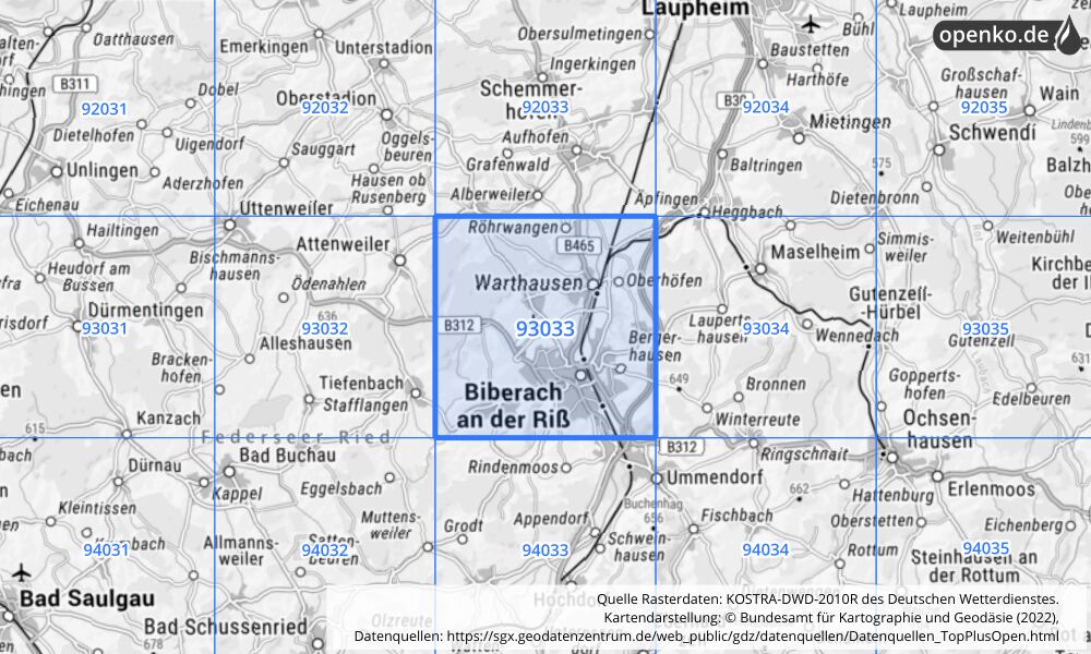 Übersichtskarte KOSTRA-DWD-2010R Rasterfeld Nr. 93033 mit angrenzenden Feldern