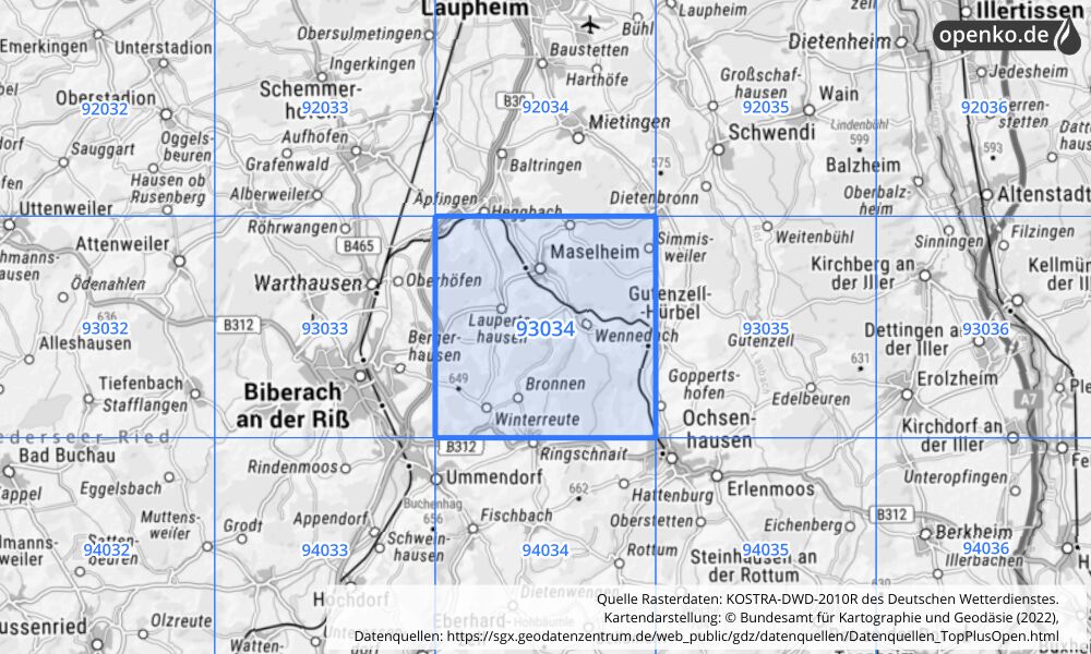 Übersichtskarte KOSTRA-DWD-2010R Rasterfeld Nr. 93034 mit angrenzenden Feldern