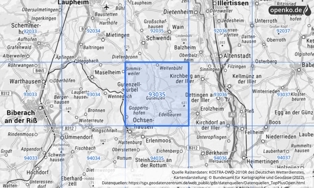 Übersichtskarte KOSTRA-DWD-2010R Rasterfeld Nr. 93035 mit angrenzenden Feldern