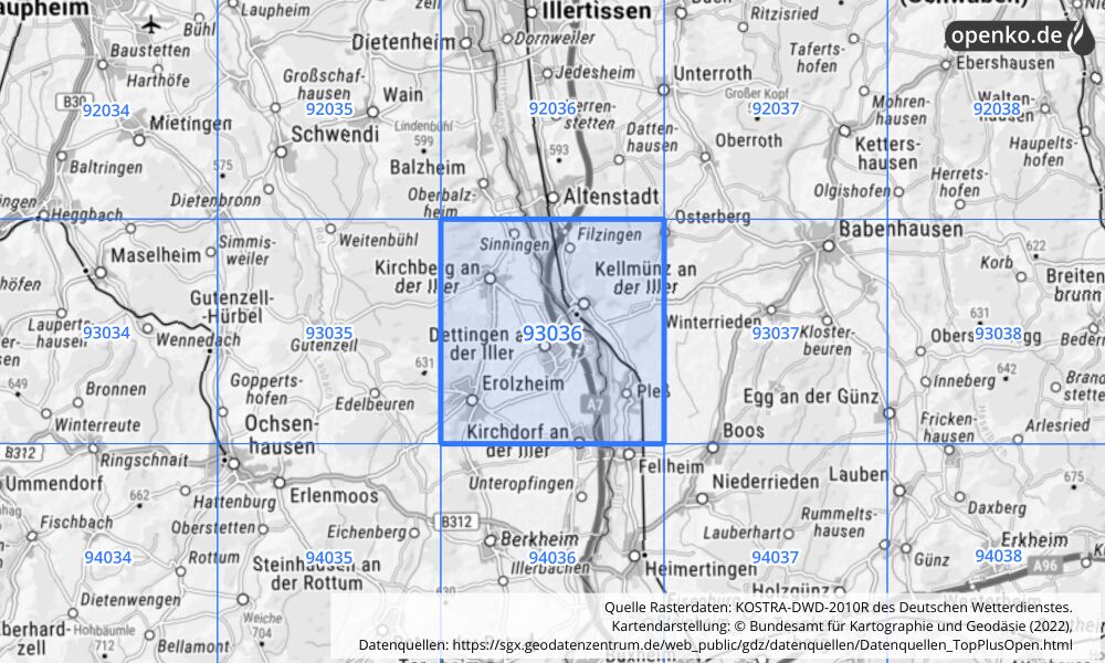 Übersichtskarte KOSTRA-DWD-2010R Rasterfeld Nr. 93036 mit angrenzenden Feldern