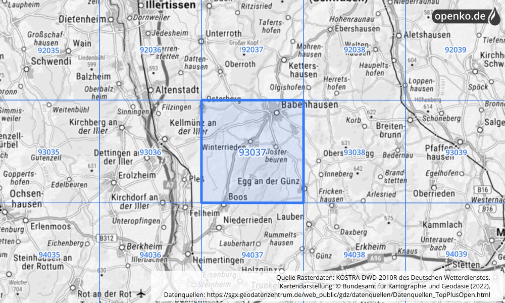 Übersichtskarte KOSTRA-DWD-2010R Rasterfeld Nr. 93037 mit angrenzenden Feldern