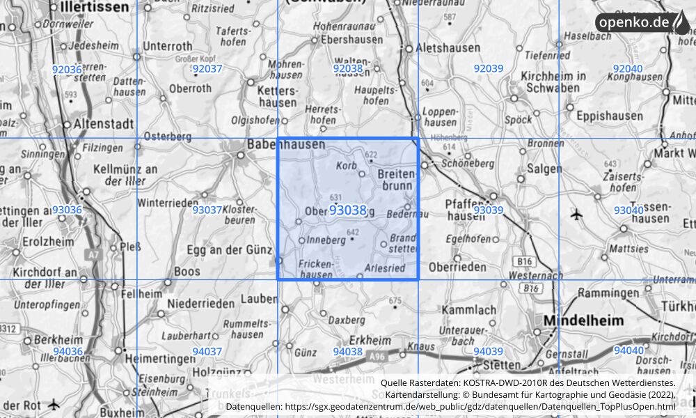 Übersichtskarte KOSTRA-DWD-2010R Rasterfeld Nr. 93038 mit angrenzenden Feldern