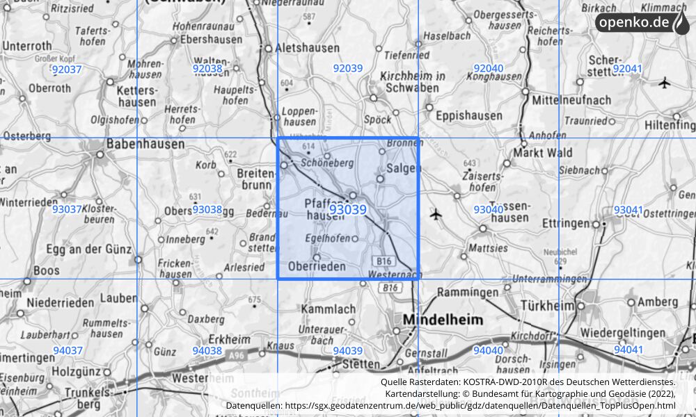 Übersichtskarte KOSTRA-DWD-2010R Rasterfeld Nr. 93039 mit angrenzenden Feldern