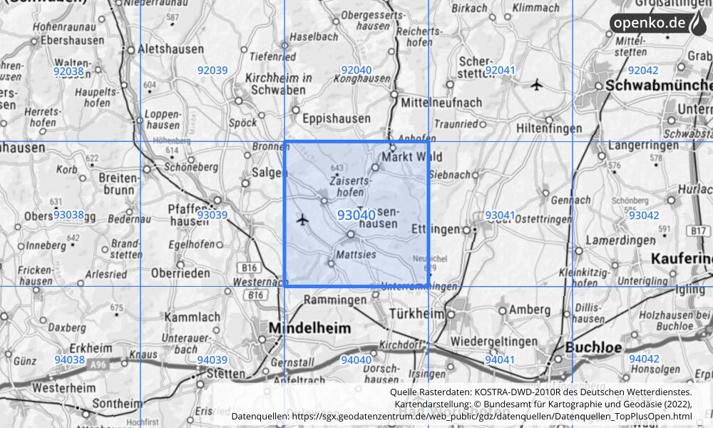 Übersichtskarte KOSTRA-DWD-2010R Rasterfeld Nr. 93040 mit angrenzenden Feldern