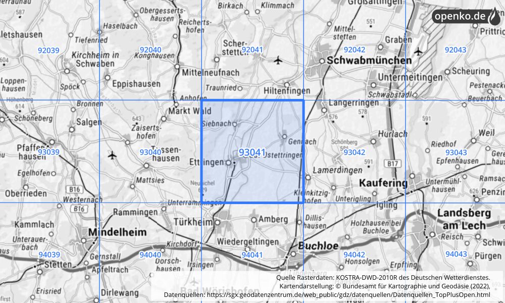 Übersichtskarte KOSTRA-DWD-2010R Rasterfeld Nr. 93041 mit angrenzenden Feldern