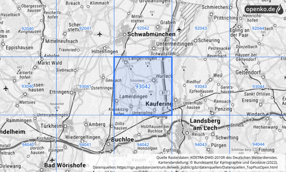 Übersichtskarte KOSTRA-DWD-2010R Rasterfeld Nr. 93042 mit angrenzenden Feldern