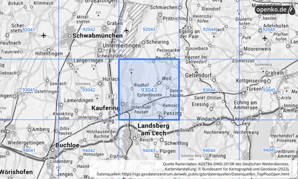 Übersichtskarte KOSTRA-DWD-2010R Rasterfeld Nr. 93043 mit angrenzenden Feldern