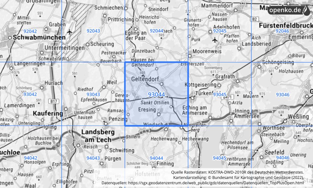 Übersichtskarte KOSTRA-DWD-2010R Rasterfeld Nr. 93044 mit angrenzenden Feldern