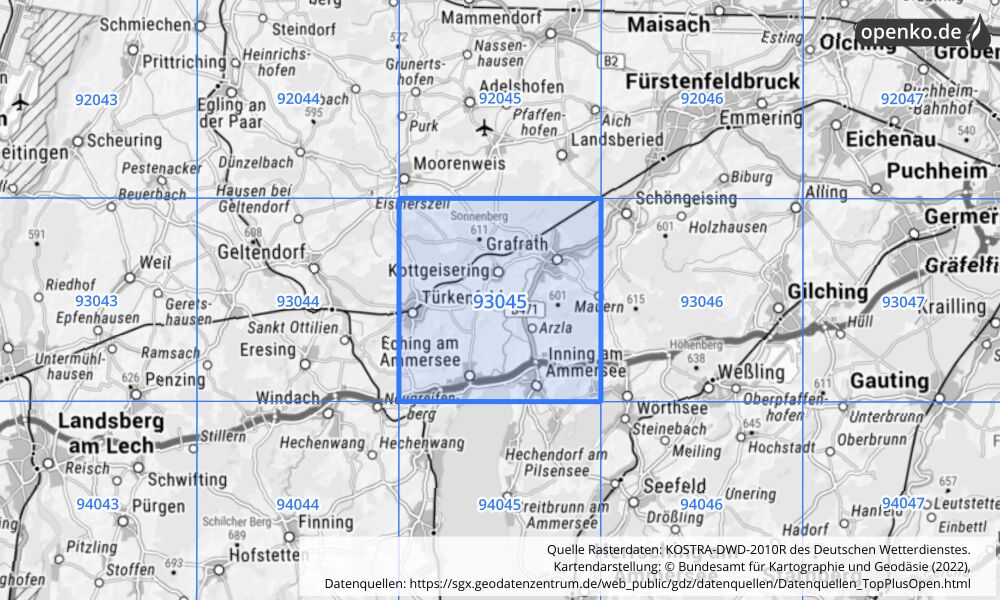 Übersichtskarte KOSTRA-DWD-2010R Rasterfeld Nr. 93045 mit angrenzenden Feldern