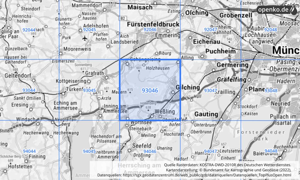 Übersichtskarte KOSTRA-DWD-2010R Rasterfeld Nr. 93046 mit angrenzenden Feldern