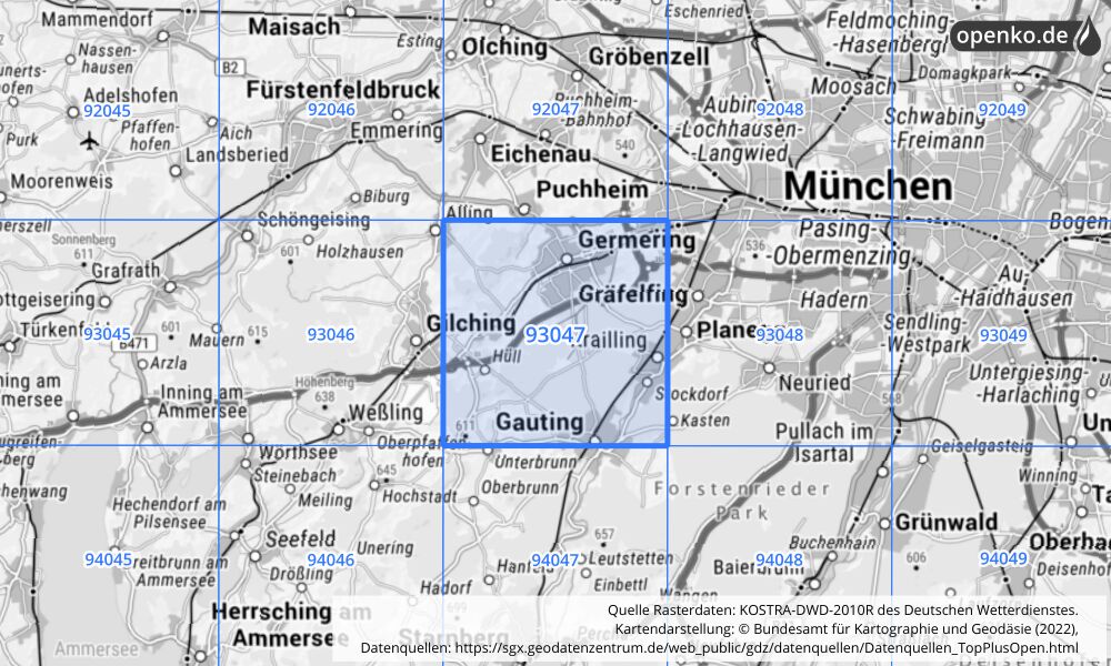 Übersichtskarte KOSTRA-DWD-2010R Rasterfeld Nr. 93047 mit angrenzenden Feldern