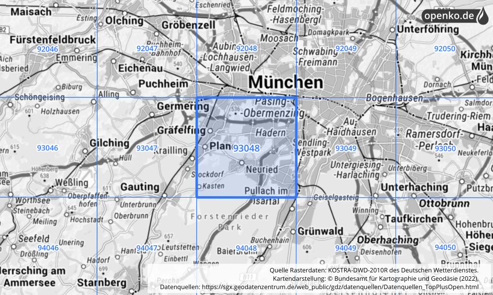 Übersichtskarte KOSTRA-DWD-2010R Rasterfeld Nr. 93048 mit angrenzenden Feldern