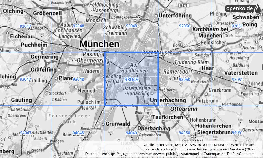 Übersichtskarte KOSTRA-DWD-2010R Rasterfeld Nr. 93049 mit angrenzenden Feldern