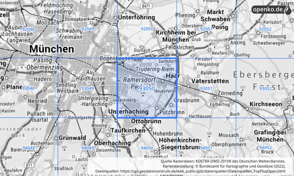 Übersichtskarte KOSTRA-DWD-2010R Rasterfeld Nr. 93050 mit angrenzenden Feldern