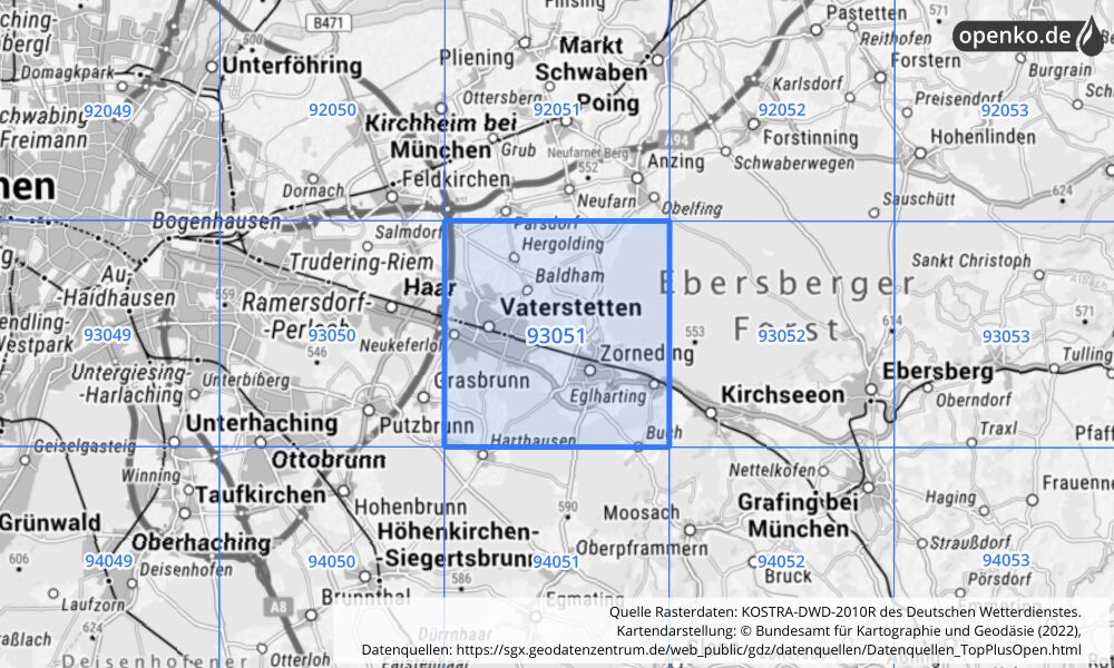 Übersichtskarte KOSTRA-DWD-2010R Rasterfeld Nr. 93051 mit angrenzenden Feldern