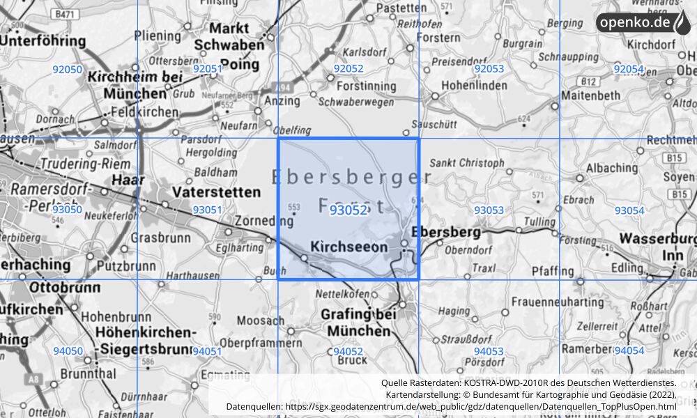 Übersichtskarte KOSTRA-DWD-2010R Rasterfeld Nr. 93052 mit angrenzenden Feldern