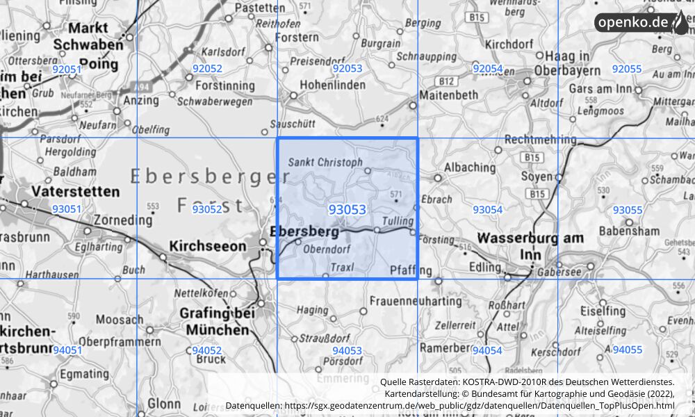 Übersichtskarte KOSTRA-DWD-2010R Rasterfeld Nr. 93053 mit angrenzenden Feldern