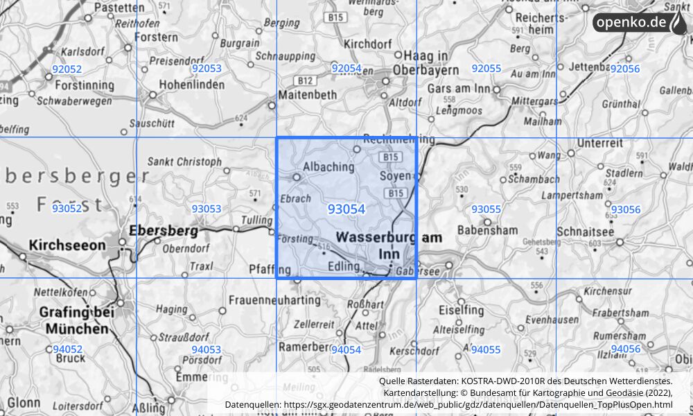 Übersichtskarte KOSTRA-DWD-2010R Rasterfeld Nr. 93054 mit angrenzenden Feldern