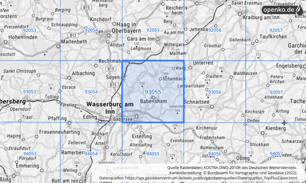 Übersichtskarte KOSTRA-DWD-2010R Rasterfeld Nr. 93055 mit angrenzenden Feldern