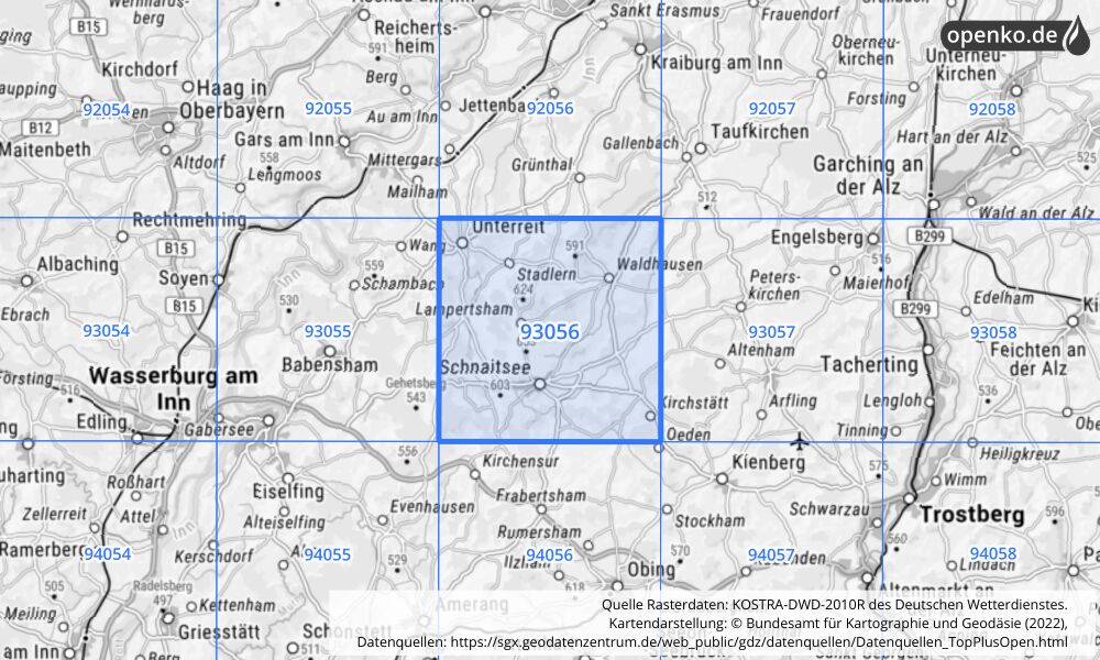 Übersichtskarte KOSTRA-DWD-2010R Rasterfeld Nr. 93056 mit angrenzenden Feldern