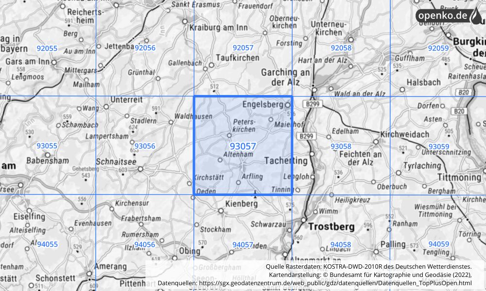 Übersichtskarte KOSTRA-DWD-2010R Rasterfeld Nr. 93057 mit angrenzenden Feldern