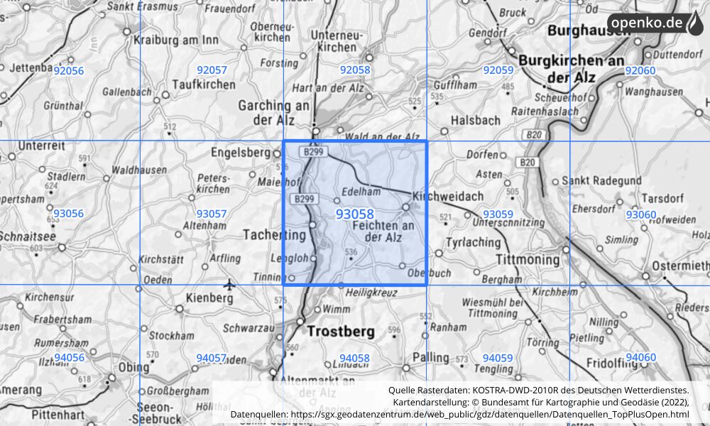 Übersichtskarte KOSTRA-DWD-2010R Rasterfeld Nr. 93058 mit angrenzenden Feldern