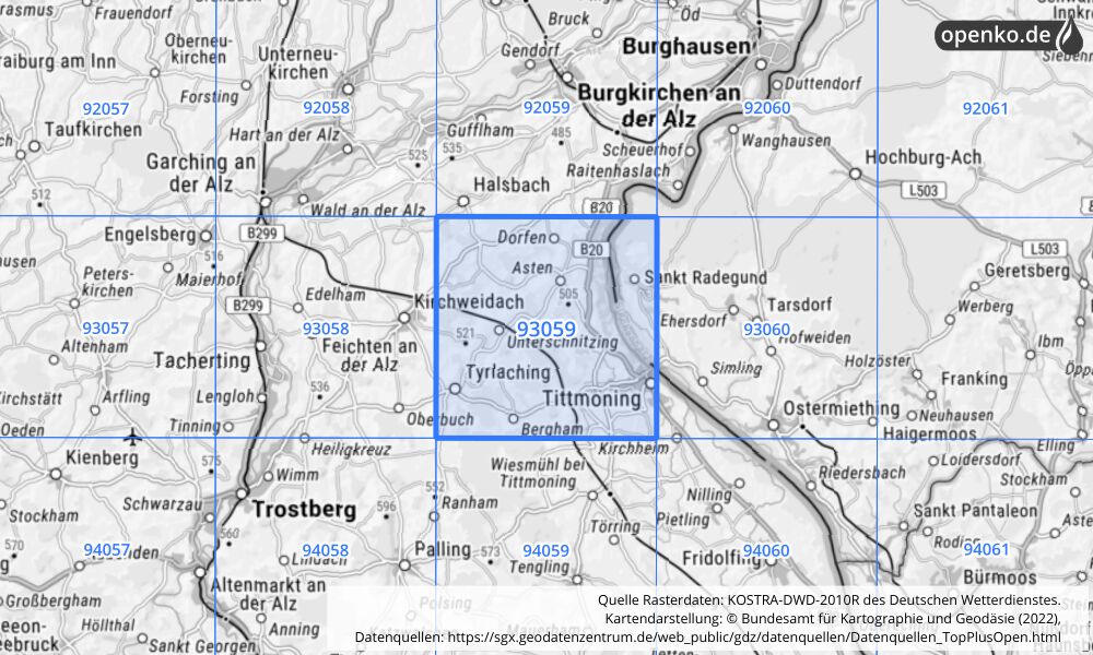 Übersichtskarte KOSTRA-DWD-2010R Rasterfeld Nr. 93059 mit angrenzenden Feldern