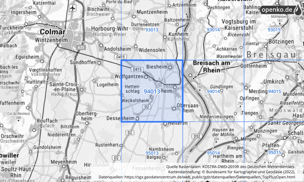 Übersichtskarte KOSTRA-DWD-2010R Rasterfeld Nr. 94013 mit angrenzenden Feldern