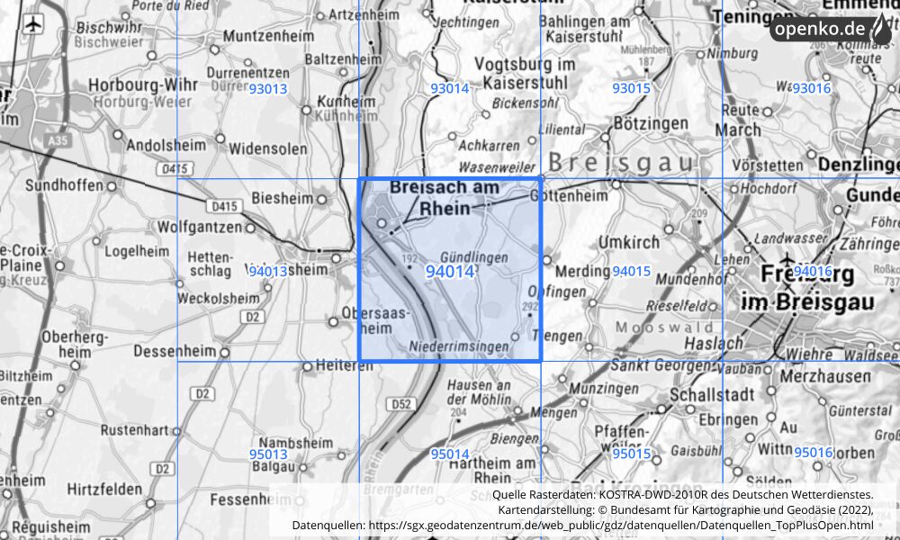 Übersichtskarte KOSTRA-DWD-2010R Rasterfeld Nr. 94014 mit angrenzenden Feldern