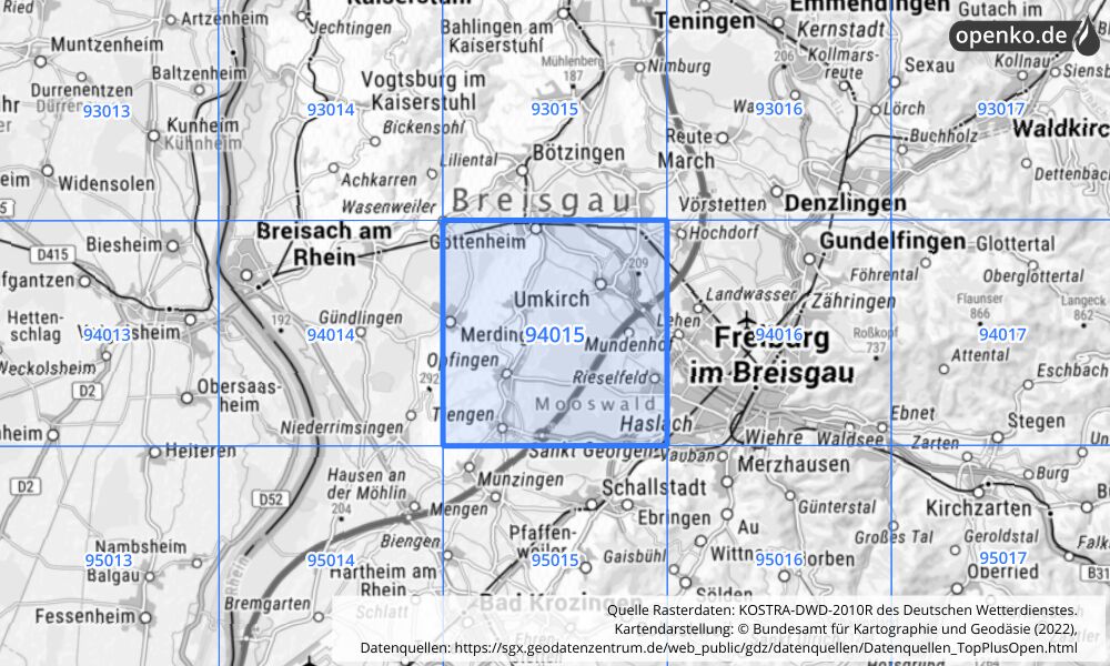 Übersichtskarte KOSTRA-DWD-2010R Rasterfeld Nr. 94015 mit angrenzenden Feldern