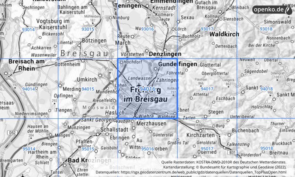 Übersichtskarte KOSTRA-DWD-2010R Rasterfeld Nr. 94016 mit angrenzenden Feldern