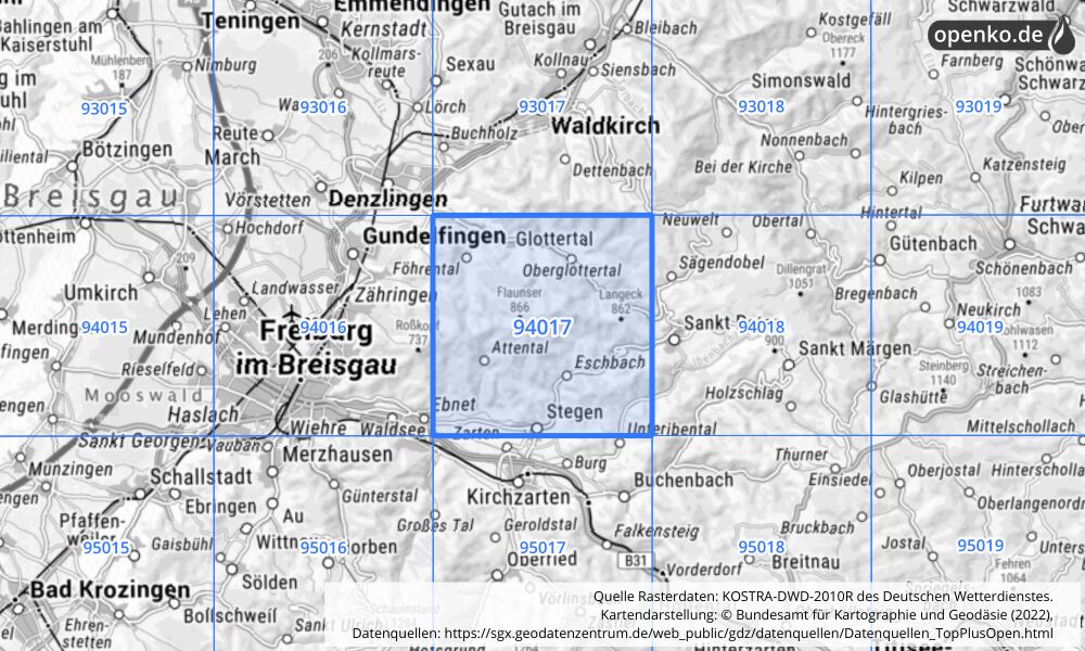 Übersichtskarte KOSTRA-DWD-2010R Rasterfeld Nr. 94017 mit angrenzenden Feldern