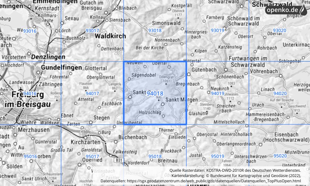 Übersichtskarte KOSTRA-DWD-2010R Rasterfeld Nr. 94018 mit angrenzenden Feldern