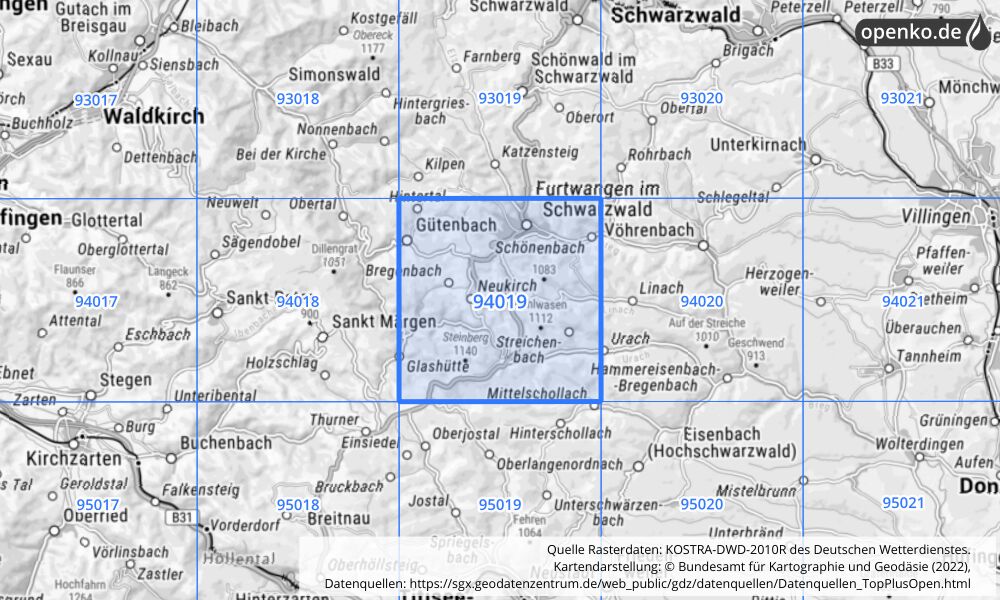 Übersichtskarte KOSTRA-DWD-2010R Rasterfeld Nr. 94019 mit angrenzenden Feldern