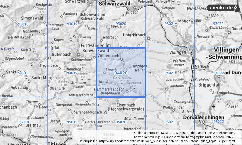 Übersichtskarte KOSTRA-DWD-2010R Rasterfeld Nr. 94020 mit angrenzenden Feldern