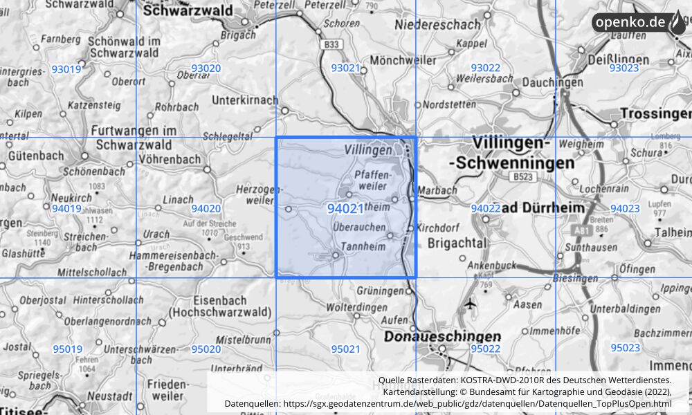 Übersichtskarte KOSTRA-DWD-2010R Rasterfeld Nr. 94021 mit angrenzenden Feldern